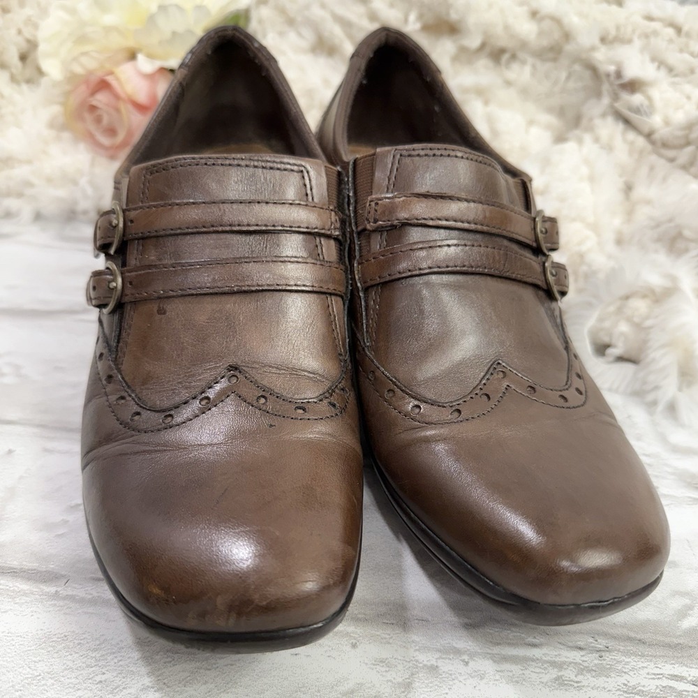 Earth Origins Carma 5 Women's 10M Brown Leather Wingtip Mary Jane Slip On Heels - Picture 13 of 13